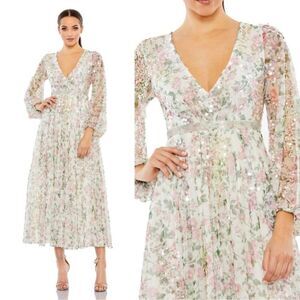 Mac‎ Duggal 93788 Size 8 Long Sleeve V-Neck Pink Green White Floral Midi Dress